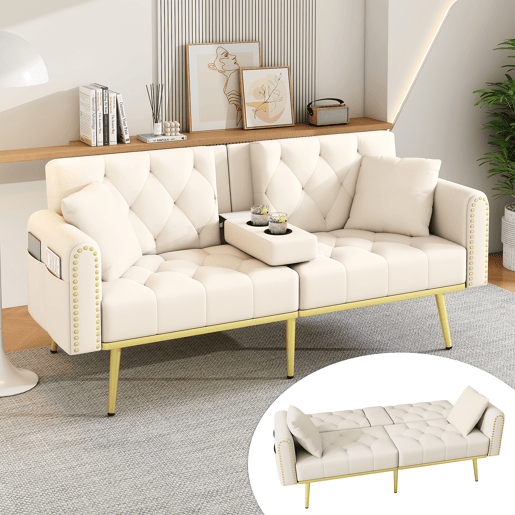 Sofá-cama dobrável 2 lugares fixa de veludo,bege