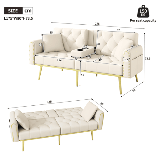 Sofá-cama dobrável 2 lugares fixa de veludo,bege