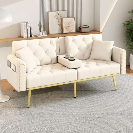 Sofá-cama dobrável 2 lugares fixa de veludo,bege