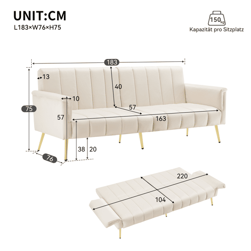Sofá-cama dobrável 2 lugares conversível de veludo,bege