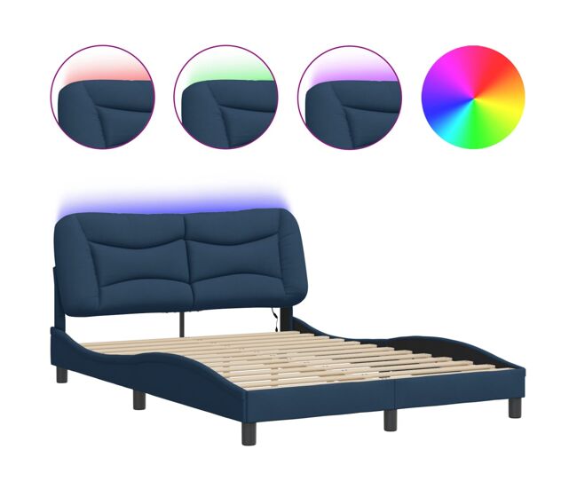 Estructura de cama doble matrimonial con led - tela azul 140x200 cm