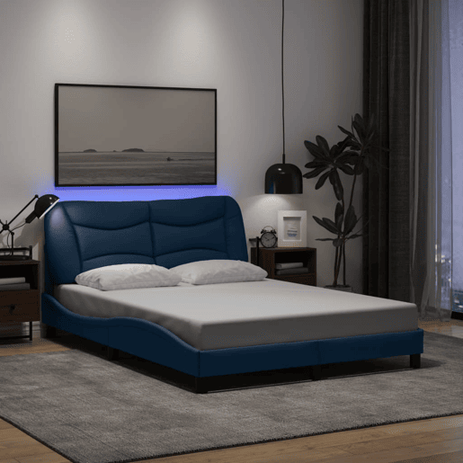 Estrutura de Cama de casal moderno com LED - 140x200 cm tecido azul