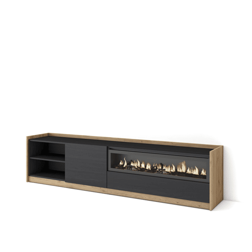Móvel de TV, Muito espaço de arrumação, 207x37x50 cm, Para televisores até 80, Lareira eléctrica, Estilo moderno, Preto e Carvalho Móvel de TV, Muito espaço de arrumação, 207x37x50 cm, Para televisores até 80, Lareira eléctrica, Estilo moderno, Preto e Carvalho