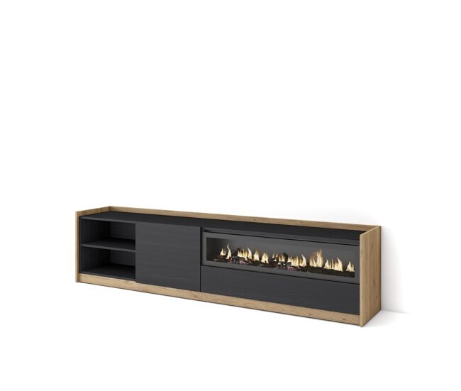 Mueble tv, televisión, muebles de salón, almacenaje, 207x37x50 cm, para tv hasta 80", chimenea eléctrica, estilo moderno, negro y roble