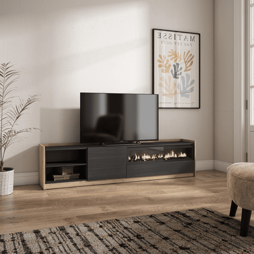 Móvel de TV, Muito espaço de arrumação, 207x37x50 cm, Para televisores até 80, Lareira eléctrica, Estilo moderno, Preto e Carvalho Móvel de TV, Muito espaço de arrumação, 207x37x50 cm, Para televisores até 80, Lareira eléctrica, Estilo moderno, Preto e Carvalho