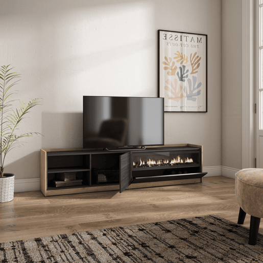 Móvel de TV, Muito espaço de arrumação, 207x37x50 cm, Para televisores até 80, Lareira eléctrica, Estilo moderno, Preto e Carvalho Móvel de TV, Muito espaço de arrumação, 207x37x50 cm, Para televisores até 80, Lareira eléctrica, Estilo moderno, Preto e Carvalho