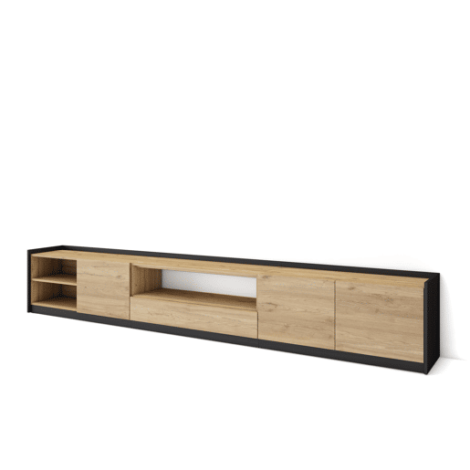 Móvel de TV, Muito espaço de arrumação, 310x37x50 cm, Para televisores até 80, Estante para TV, Estilo moderno, Carvalho e preto Móvel de TV, Muito espaço de arrumação, 310x37x50 cm, Para televisores até 80, Estante para TV, Estilo moderno, Carvalho e preto