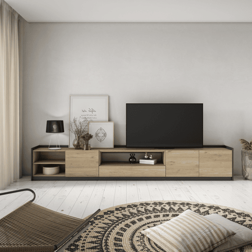 Móvel de TV, Muito espaço de arrumação, 310x37x50 cm, Para televisores até 80, Estante para TV, Estilo moderno, Carvalho e preto Móvel de TV, Muito espaço de arrumação, 310x37x50 cm, Para televisores até 80, Estante para TV, Estilo moderno, Carvalho e preto