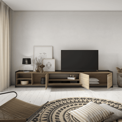 Móvel de TV, Muito espaço de arrumação, 310x37x50 cm, Para televisores até 80, Estante para TV, Estilo moderno, Carvalho e preto Móvel de TV, Muito espaço de arrumação, 310x37x50 cm, Para televisores até 80, Estante para TV, Estilo moderno, Carvalho e preto