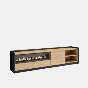 Móvel de TV, Muito espaço de arrumação, 207x37x50 cm, Para televisores até 80, Lareira eléctrica, Estilo moderno, Carvalho e preto