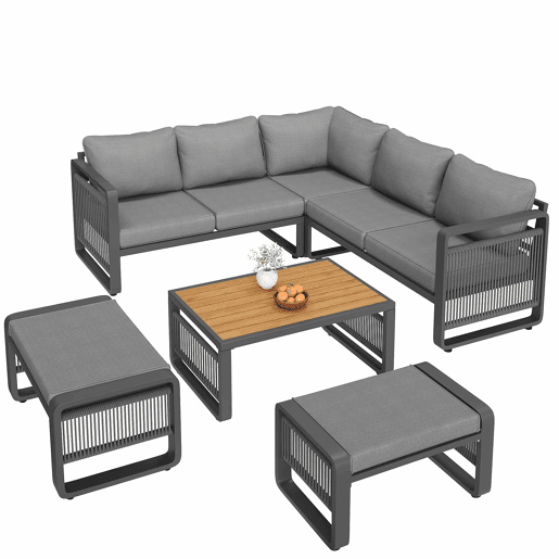 Conjunto de cadeirões de jardim para 6-7 pessoas - Sofá de canto e espreguiçadeira em corda trançada, resistente às intempéries, almofadas macias, pés ajustáveis - Cinza