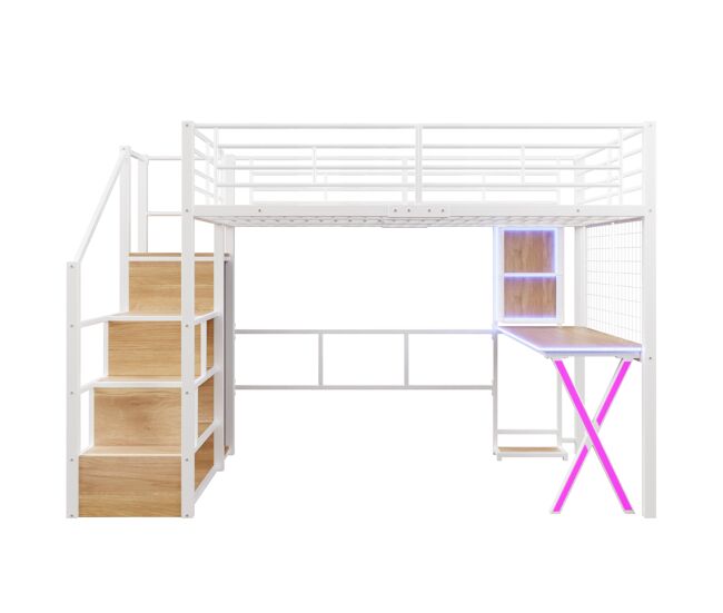 Cama alta 140x200 cm - con led, escalera de almacenamiento, escritorio, armario, estantes - blanco