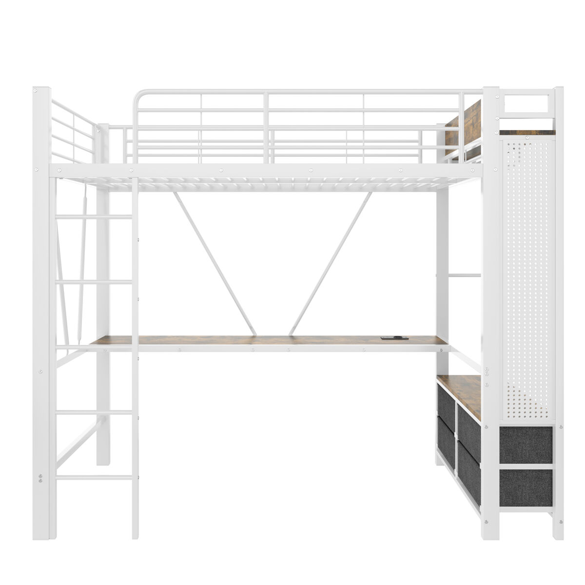 Cama alta 90x200 cm - hierro, escritorio, barra, estantes, 4 cajones, usb+type-c, led, barandilla, escalera, tablero perforado - blanco