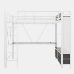 Cama alta 90x200 cm - ferro, secretária, barra, prateleiras, 4 gavetas, USB+Type-C, LED, corrimão, escada, painel perfurado - branco