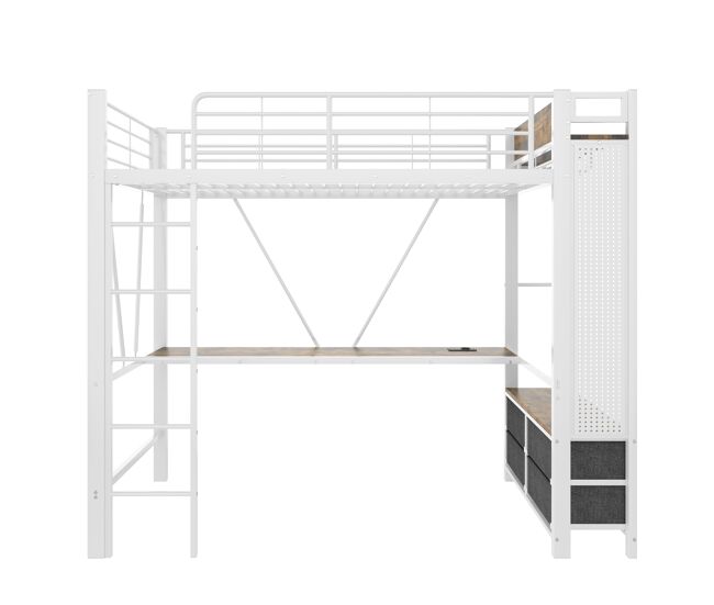 Cama alta 90x200 cm - hierro, escritorio, barra, estantes, 4 cajones, usb+type-c, led, barandilla, escalera, tablero perforado - blanco