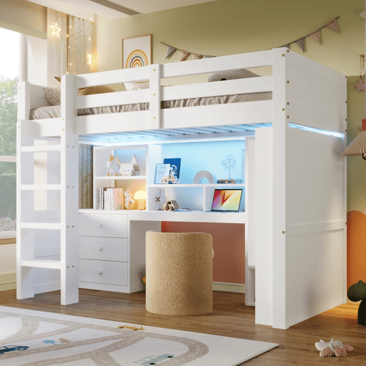 Cama alta 90x200 cm - Com LED, armário, secretária, gavetas, compartimentos - Branco Cama alta 90x200 cm - Com LED, armário, secretária, gavetas, compartimentos - Branco