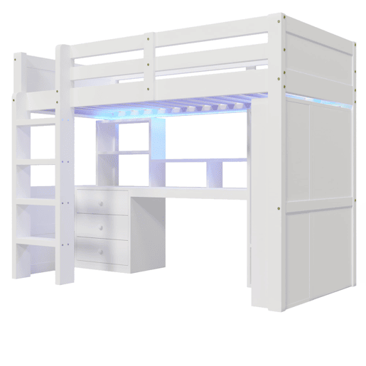 Cama alta 90x200 cm - Com LED, armário, secretária, gavetas, compartimentos - Branco Cama alta 90x200 cm - Com LED, armário, secretária, gavetas, compartimentos - Branco