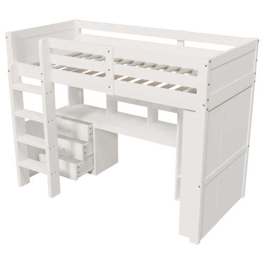 Cama alta 90x200 cm - Com LED, armário, secretária, gavetas, compartimentos - Branco Cama alta 90x200 cm - Com LED, armário, secretária, gavetas, compartimentos - Branco