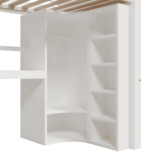Cama alta 90x200 cm - Com LED, armário, secretária, gavetas, compartimentos - Branco Cama alta 90x200 cm - Com LED, armário, secretária, gavetas, compartimentos - Branco