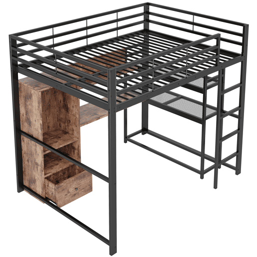 altura 140x200cm - Cama de metal com LED, secretária, 1 gaveta, prateleiras, grade, escada, sem colchão - Preto