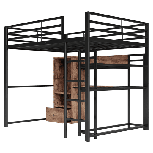 altura 140x200cm - Cama de metal com LED, secretária, 1 gaveta, prateleiras, grade, escada, sem colchão - Preto