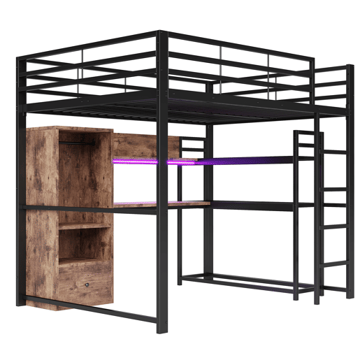 altura 140x200cm - Cama de metal com LED, secretária, 1 gaveta, prateleiras, grade, escada, sem colchão - Preto