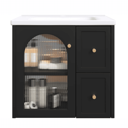 Móvel de casa de banho suspenso 60x47 cm - Lavatório em cerâmica, LED, porta em vidro canelado, puxadores metálicos, fecho suave - Preto