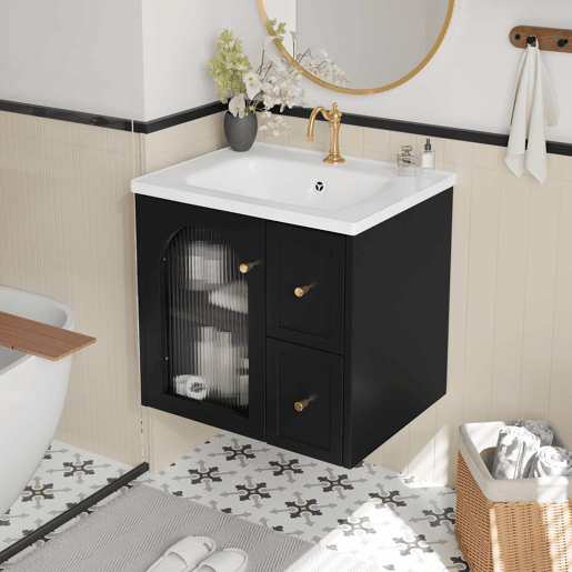 Móvel de casa de banho suspenso 60x47 cm - Lavatório em cerâmica, LED, porta em vidro canelado, puxadores metálicos, fecho suave - Preto