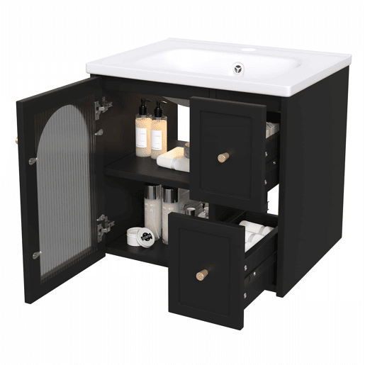 Móvel de casa de banho suspenso 60x47 cm - Lavatório em cerâmica, LED, porta em vidro canelado, puxadores metálicos, fecho suave - Preto