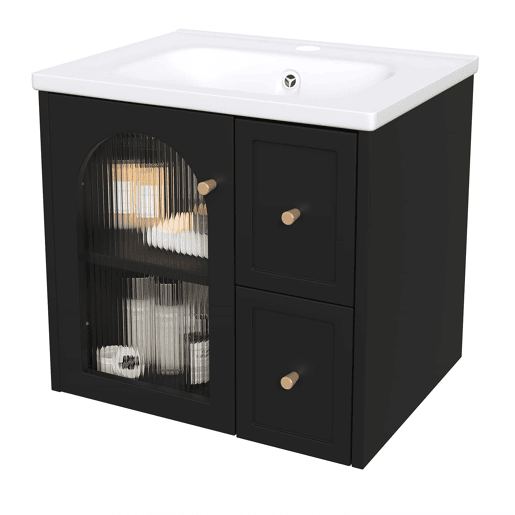 Móvel de casa de banho suspenso 60x47 cm - Lavatório em cerâmica, LED, porta em vidro canelado, puxadores metálicos, fecho suave - Preto
