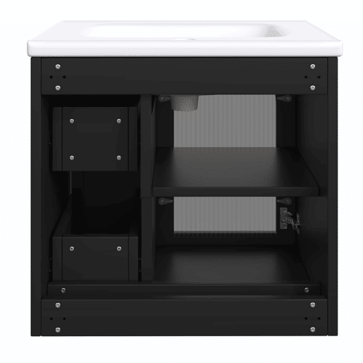 Móvel de casa de banho suspenso 60x47 cm - Lavatório em cerâmica, LED, porta em vidro canelado, puxadores metálicos, fecho suave - Preto