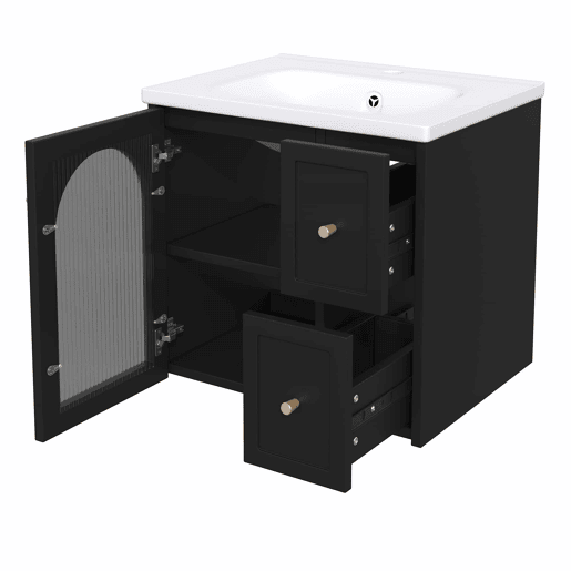 Móvel de casa de banho suspenso 60x47 cm - Lavatório em cerâmica, LED, porta em vidro canelado, puxadores metálicos, fecho suave - Preto