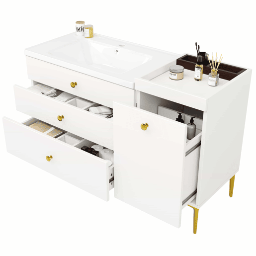 Móvel de casa de banho de 91,5 cm u2013 com lavatório em cerâmica, gavetas e armário, design moderno u2013 branco Móvel de casa de banho de 91,5 cm u2013 com lavatório em cerâmica, gavetas e armário, design moderno u2013 branco