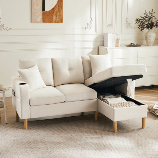 Chaise longue 3 lugares fixa reversÃvel de algodão e linho com almacenaje,bege Chaise longue 3 lugares fixa reversÃvel de algodão e linho com almacenaje,bege