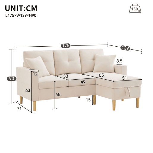 Chaise longue 3 lugares fixa reversÃvel de algodão e linho com almacenaje,bege Chaise longue 3 lugares fixa reversÃvel de algodão e linho com almacenaje,bege
