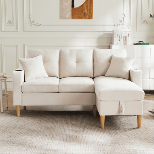 Chaise longue 3 lugares fixa reversÃvel de algodão e linho com almacenaje,bege Chaise longue 3 lugares fixa reversÃvel de algodão e linho com almacenaje,bege