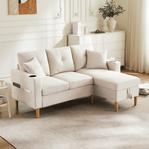 Chaise longue 3 lugares fixa reversÃvel de algodão e linho com almacenaje,bege Chaise longue 3 lugares fixa reversÃvel de algodão e linho com almacenaje,bege