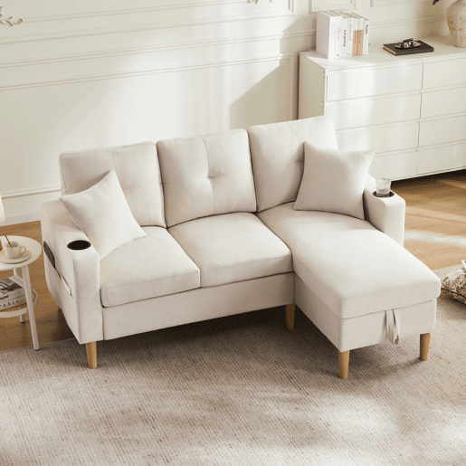 Chaise longue 3 lugares fixa reversÃvel de algodão e linho com almacenaje,bege Chaise longue 3 lugares fixa reversÃvel de algodão e linho com almacenaje,bege