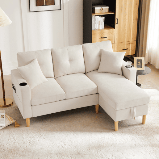 Chaise longue 3 lugares fixa reversÃvel de algodão e linho com almacenaje,bege Chaise longue 3 lugares fixa reversÃvel de algodão e linho com almacenaje,bege