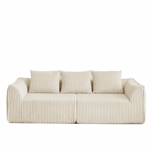 Sofá minimalista de 3 lugares - Linhas suaves, encosto inclinado e 2 almofadas - Bege