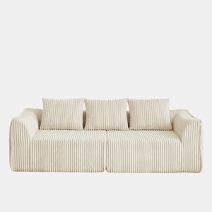 Sofá minimalista de 3 lugares - Linhas suaves, encosto inclinado e 2 almofadas - Bege
