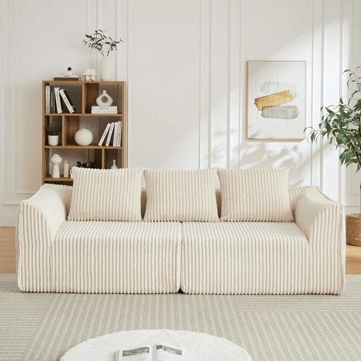 Sofá minimalista de 3 lugares - Linhas suaves, encosto inclinado e 2 almofadas - Bege