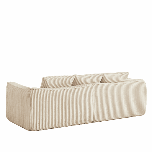 Sofá minimalista de 3 lugares - Linhas suaves, encosto inclinado e 2 almofadas - Bege