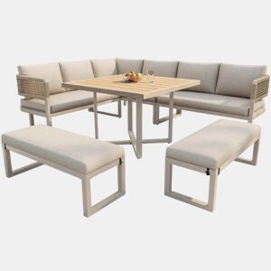 Conjunto de mobiliário de jardim - 8-10 pessoas - sofá de jardim com grande mesa de jantar em madeira plástica, corda, pés ajustáveis, almofadas incluídas - bege