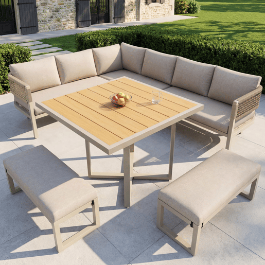 Conjunto de mobiliário de jardim - 8-10 pessoas - sofá de jardim com grande mesa de jantar em madeira plástica, corda, pés ajustáveis, almofadas incluídas - bege
