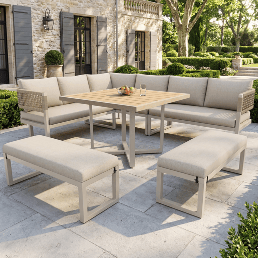 Conjunto de mobiliário de jardim - 8-10 pessoas - sofá de jardim com grande mesa de jantar em madeira plástica, corda, pés ajustáveis, almofadas incluídas - bege