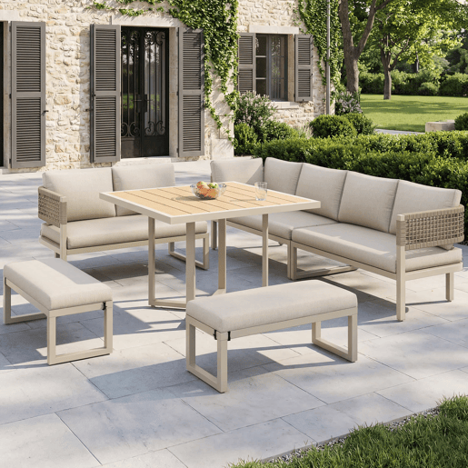 Conjunto de mobiliário de jardim - 8-10 pessoas - sofá de jardim com grande mesa de jantar em madeira plástica, corda, pés ajustáveis, almofadas incluídas - bege