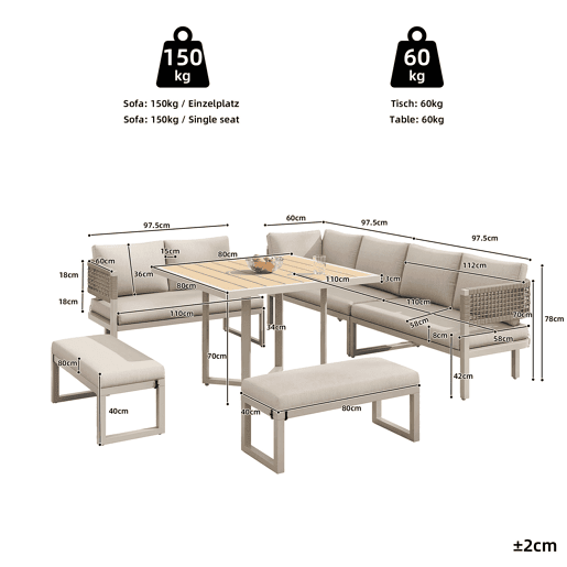 Conjunto de mobiliário de jardim - 8-10 pessoas - sofá de jardim com grande mesa de jantar em madeira plástica, corda, pés ajustáveis, almofadas incluídas - bege