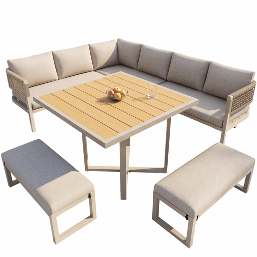 Conjunto de mobiliário de jardim - 8-10 pessoas - sofá de jardim com grande mesa de jantar em madeira plástica, corda, pés ajustáveis, almofadas incluídas - bege