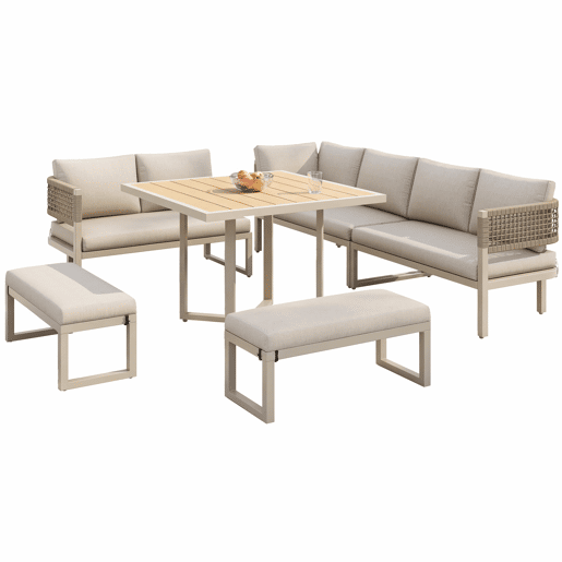 Conjunto de mobiliário de jardim - 8-10 pessoas - sofá de jardim com grande mesa de jantar em madeira plástica, corda, pés ajustáveis, almofadas incluídas - bege